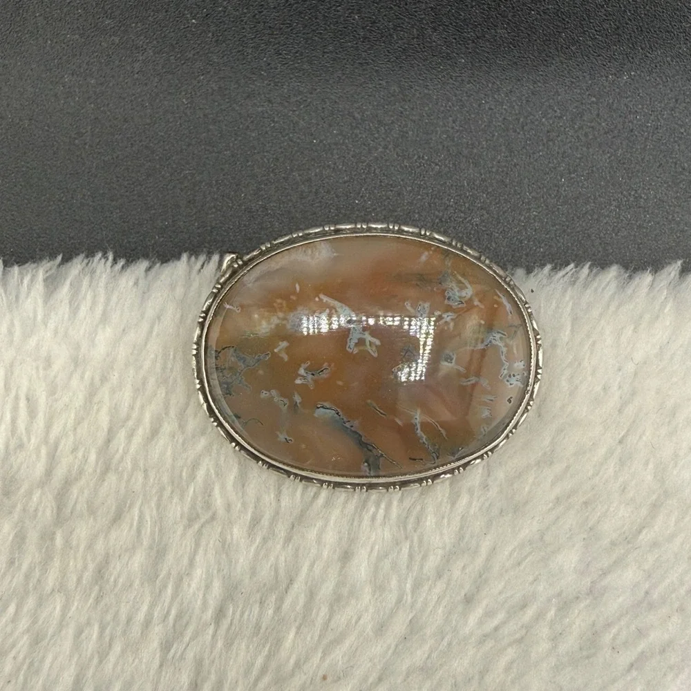 Vintage Estate Brooch Silver Tone Polished Stone Oval Nature Western